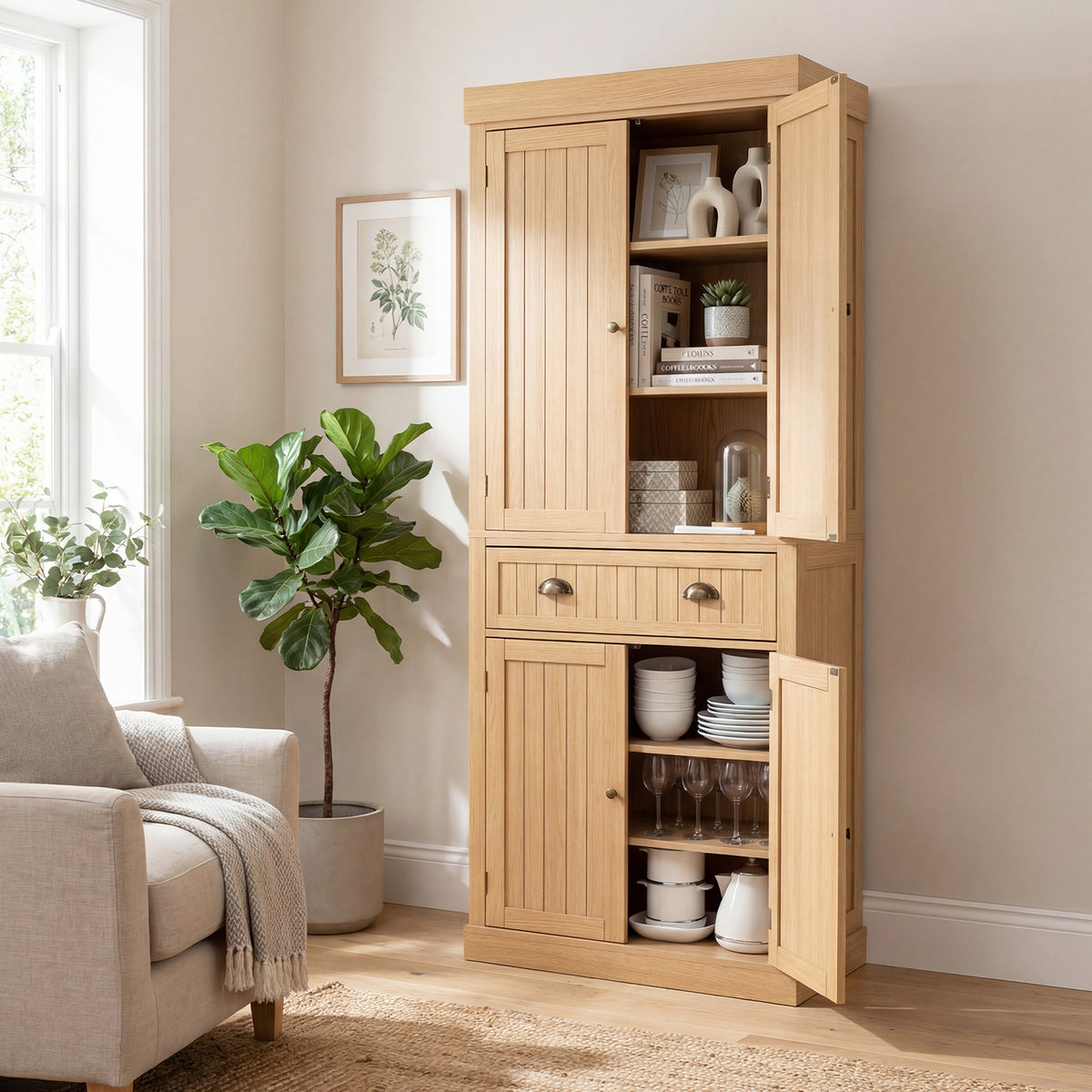 4-Door Tall Kitchen Cupboard Adjustable Shelves and Drawer-Natural