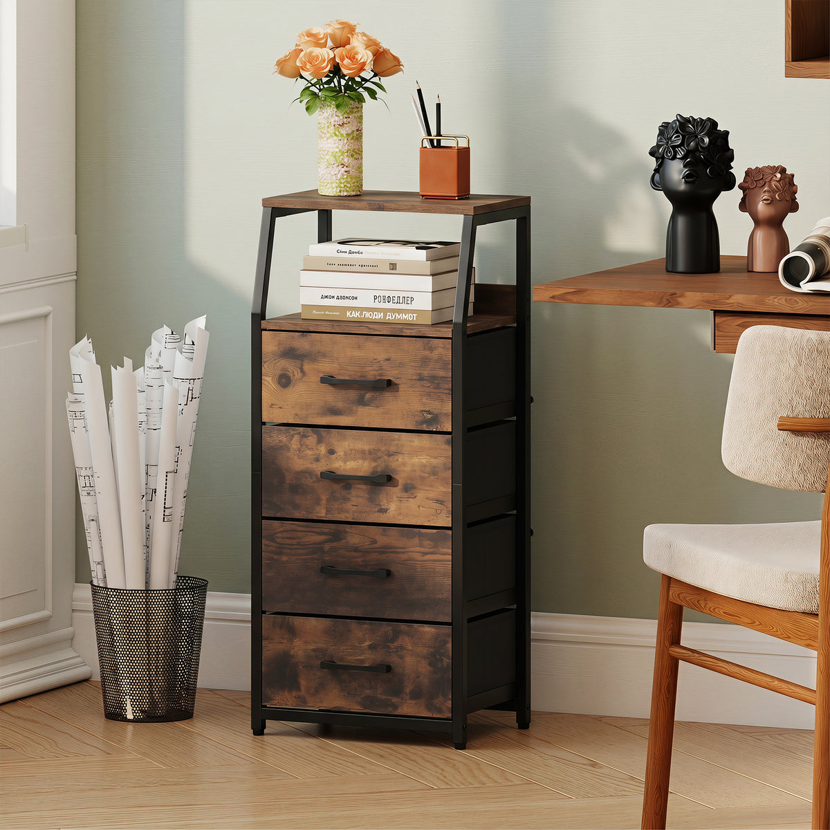 4-Drawer Storage Cabinet with Detachable and Foldable Fabric Drawers-Rustic Brown
