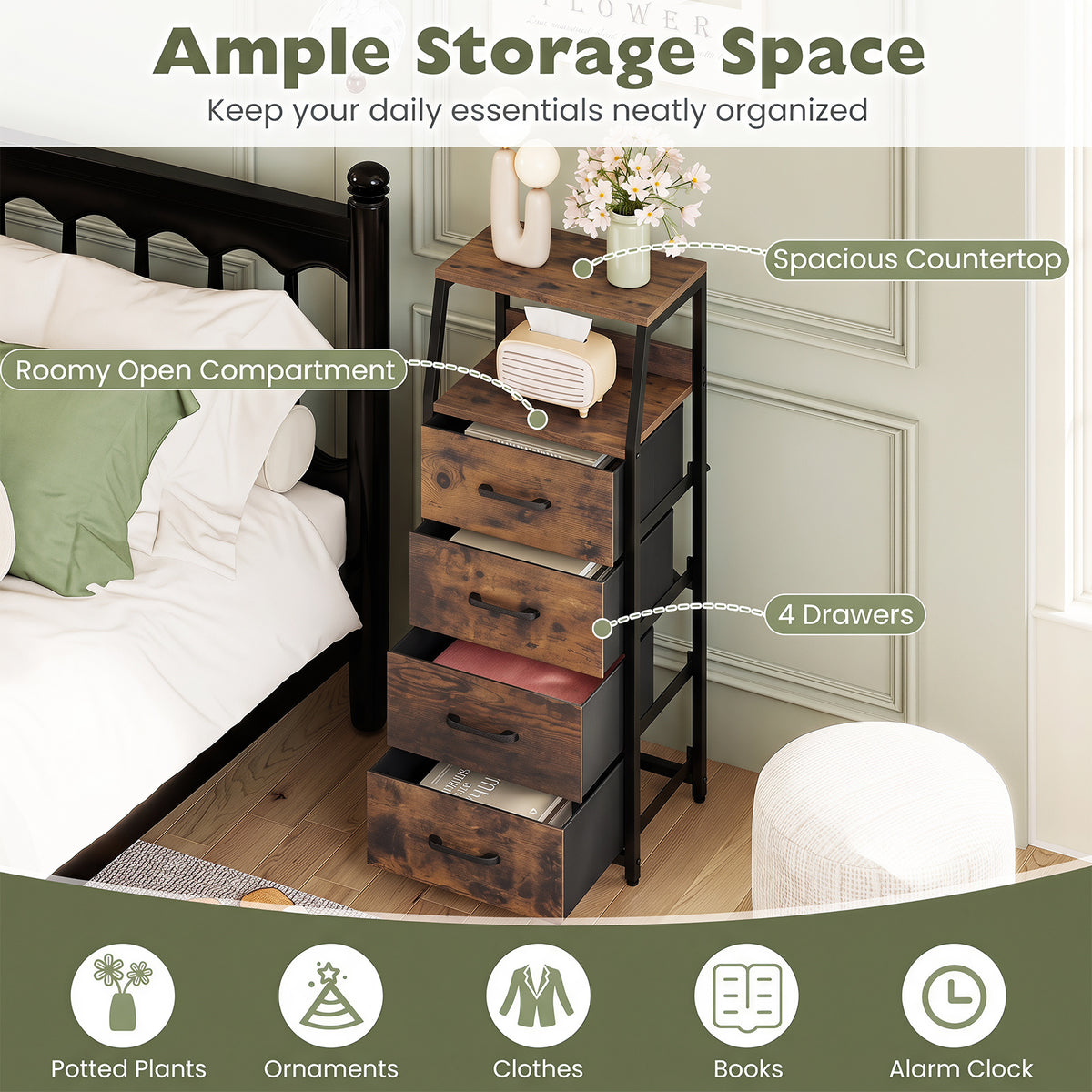 4-Drawer Storage Cabinet with Detachable and Foldable Fabric Drawers-Rustic Brown