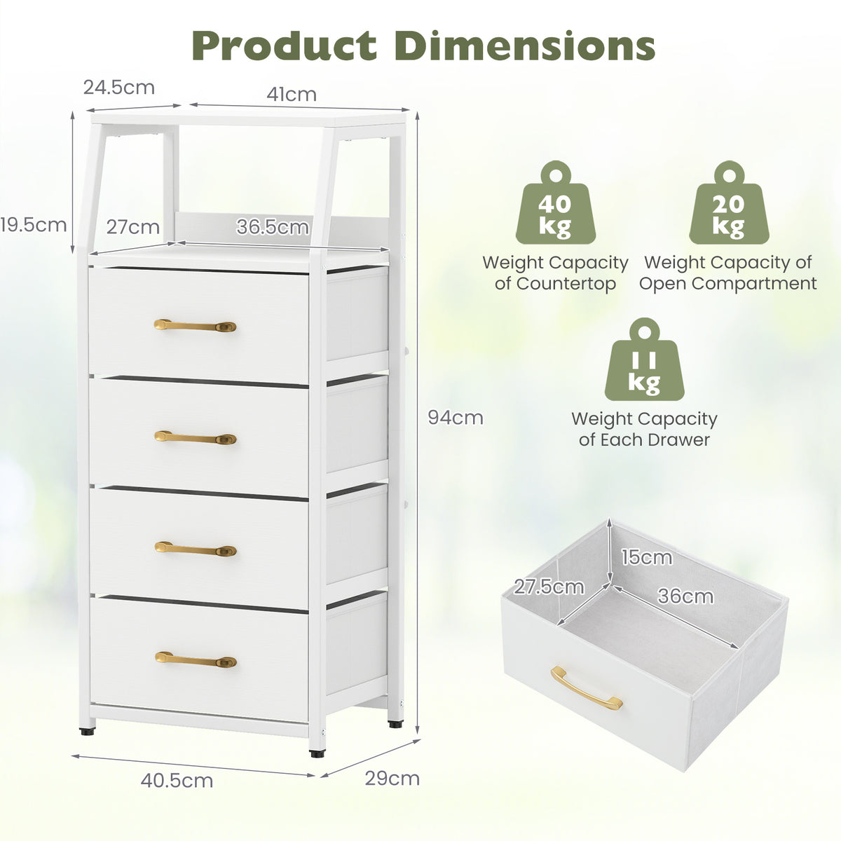 4-Drawer Storage Cabinet with Detachable and Foldable Fabric Drawers-White