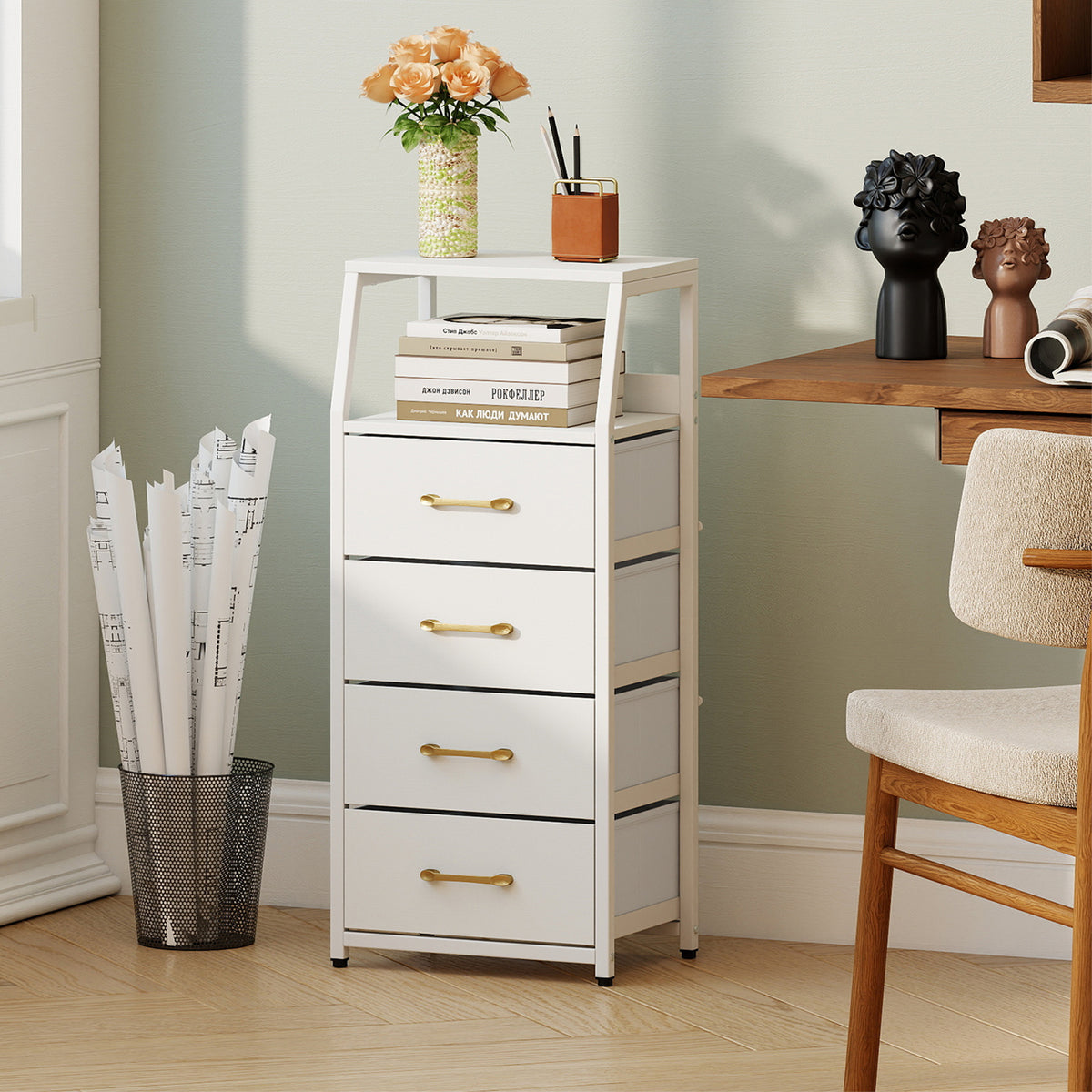 4-Drawer Storage Cabinet with Detachable and Foldable Fabric Drawers-White