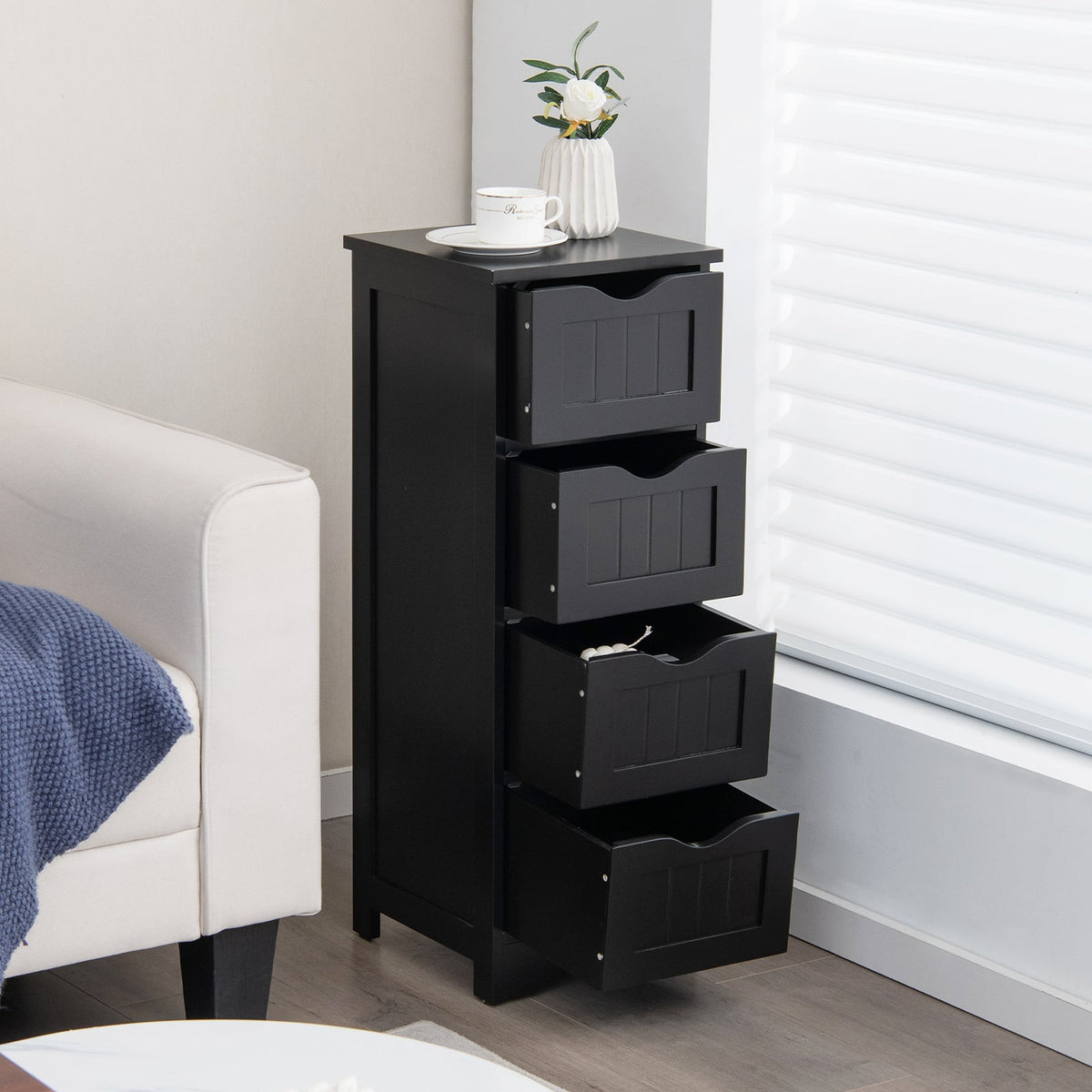 4 Drawers Bathroom Floor Cabinet with Curved Handle-Black