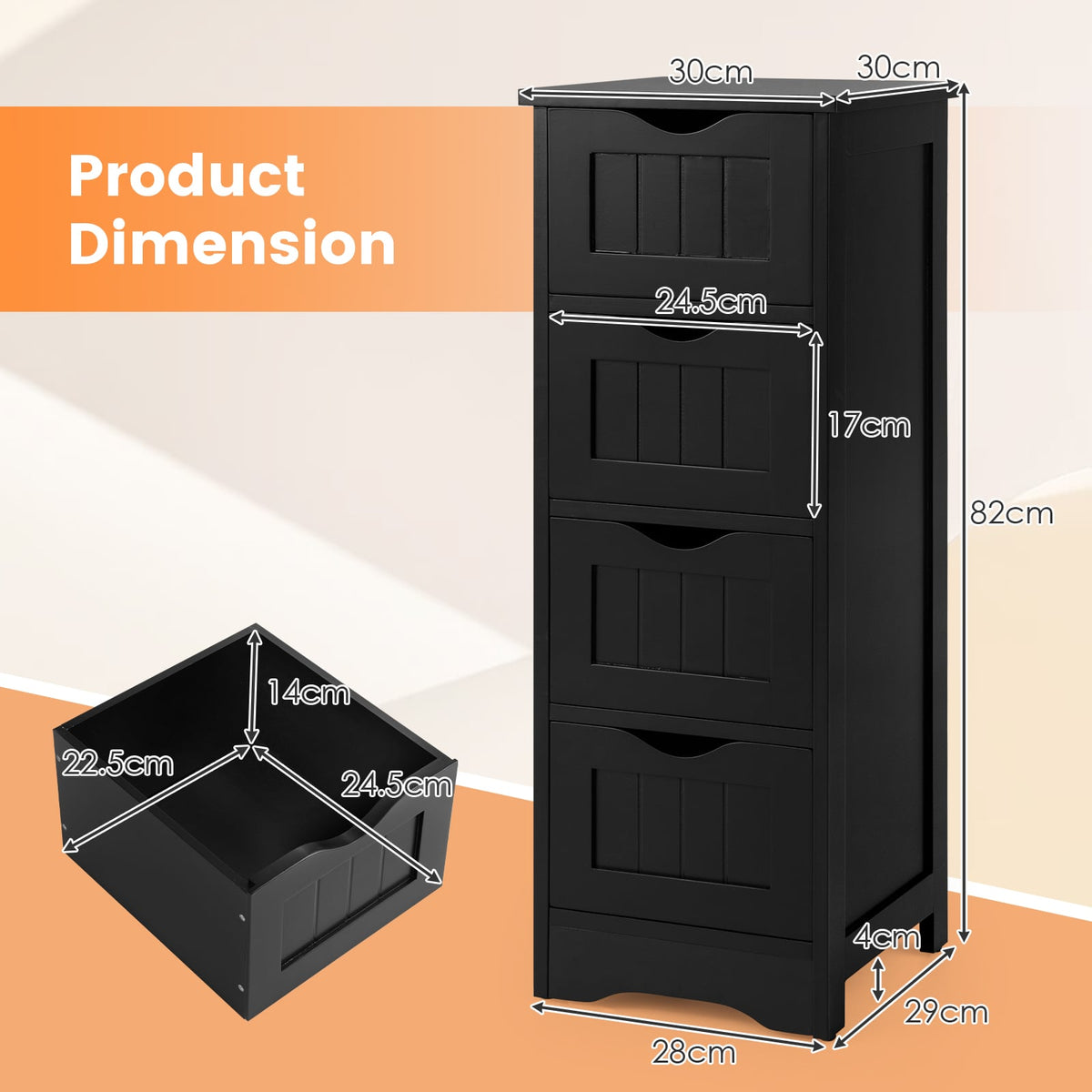 4 Drawers Bathroom Floor Cabinet with Curved Handle-Black