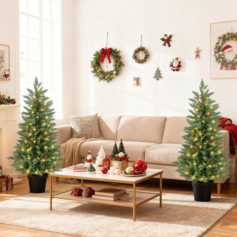 4 FT Pre-lit Christmas Trees Potted Entrance Xmas Trees with 70 Warm White LED Lights