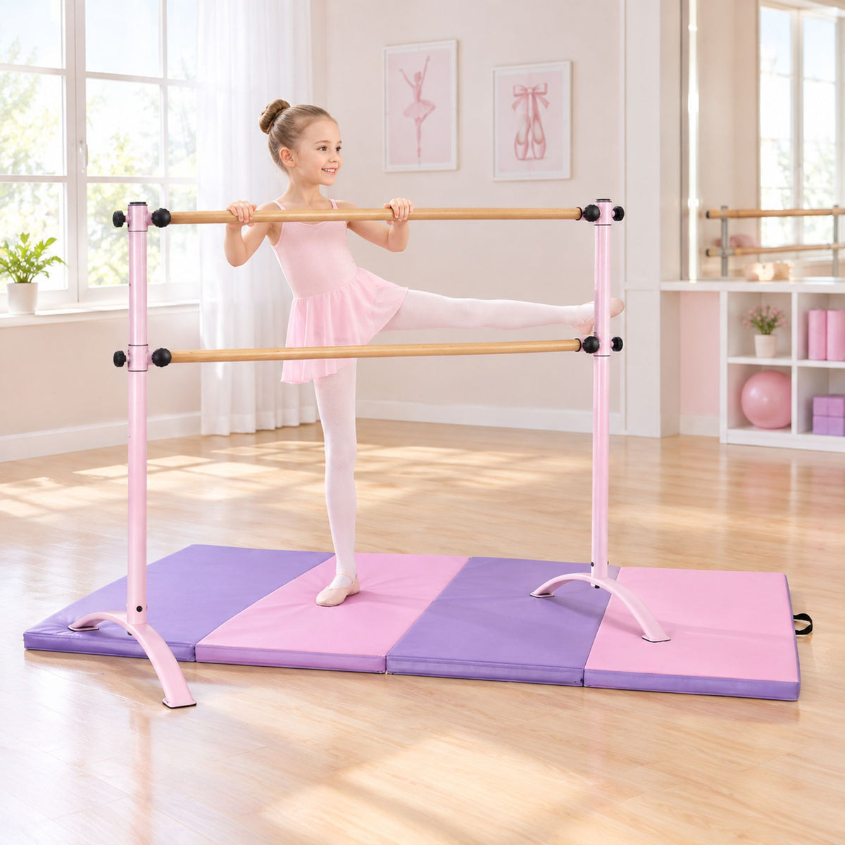 4 Feet Freestanding Ballet Barre and Folding Gymnastics Mat, image 2