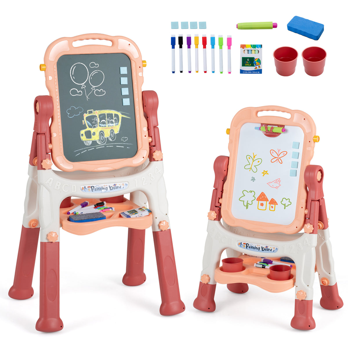 4-In-1 Double Side Easel for Toddler with Magnetic Chalkboard-Peach