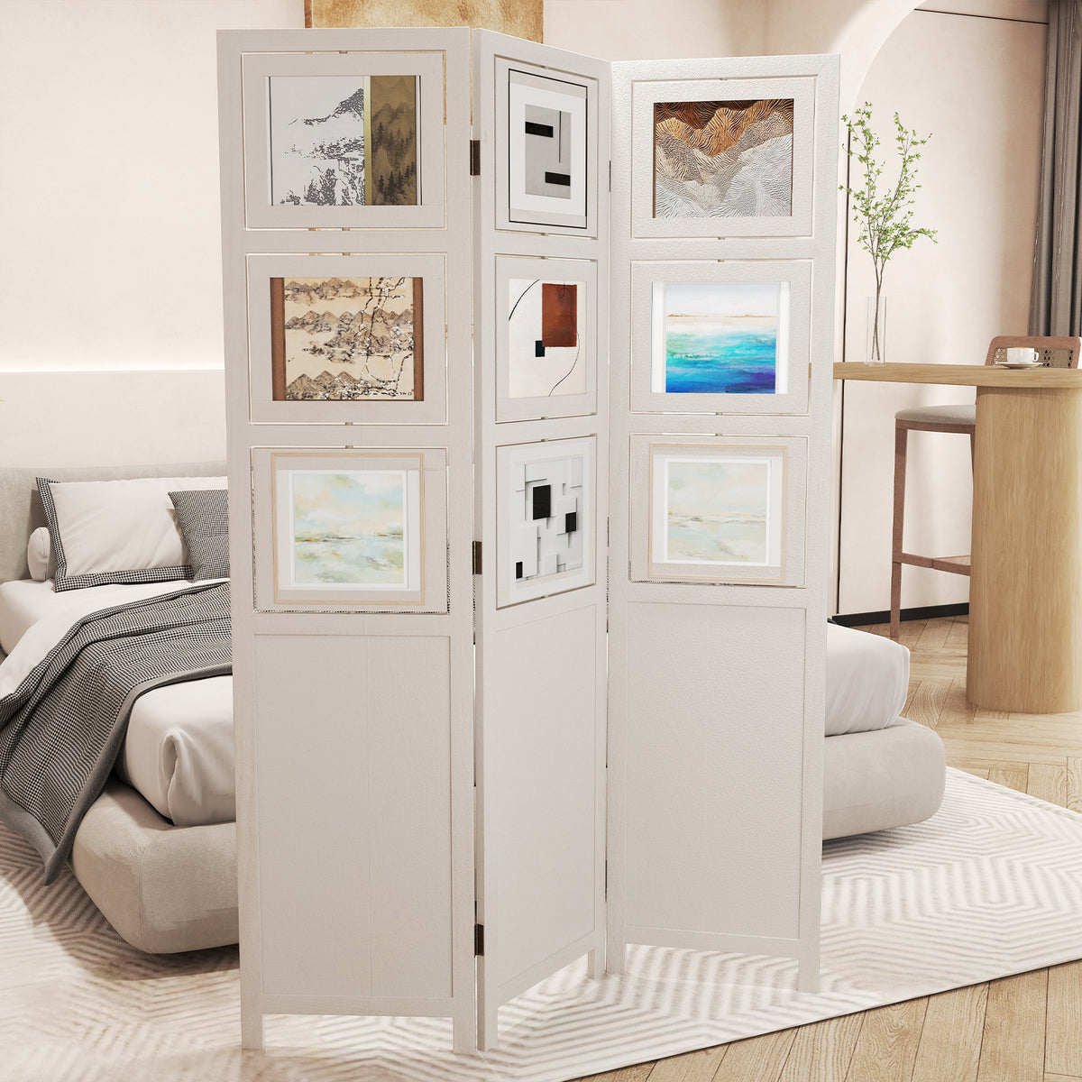 4-Panel Faux Linen Room Divider with Storage Bags Folding Privacy Screen-White