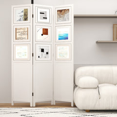 4-Panel Faux Linen Room Divider with Storage Bags Folding Privacy Screen-White