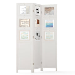 4-Panel Faux Linen Room Divider with Storage Bags Folding Privacy Screen-White