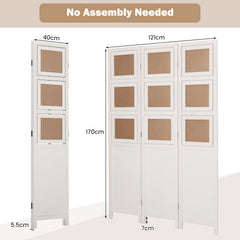 4-Panel Faux Linen Room Divider with Storage Bags Folding Privacy Screen-White