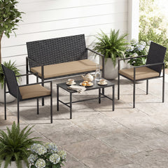 4-Piece Outdoor Rattan Chairs and Loveseat with Tempered Glass Coffee Table for Backyard-Yellow
