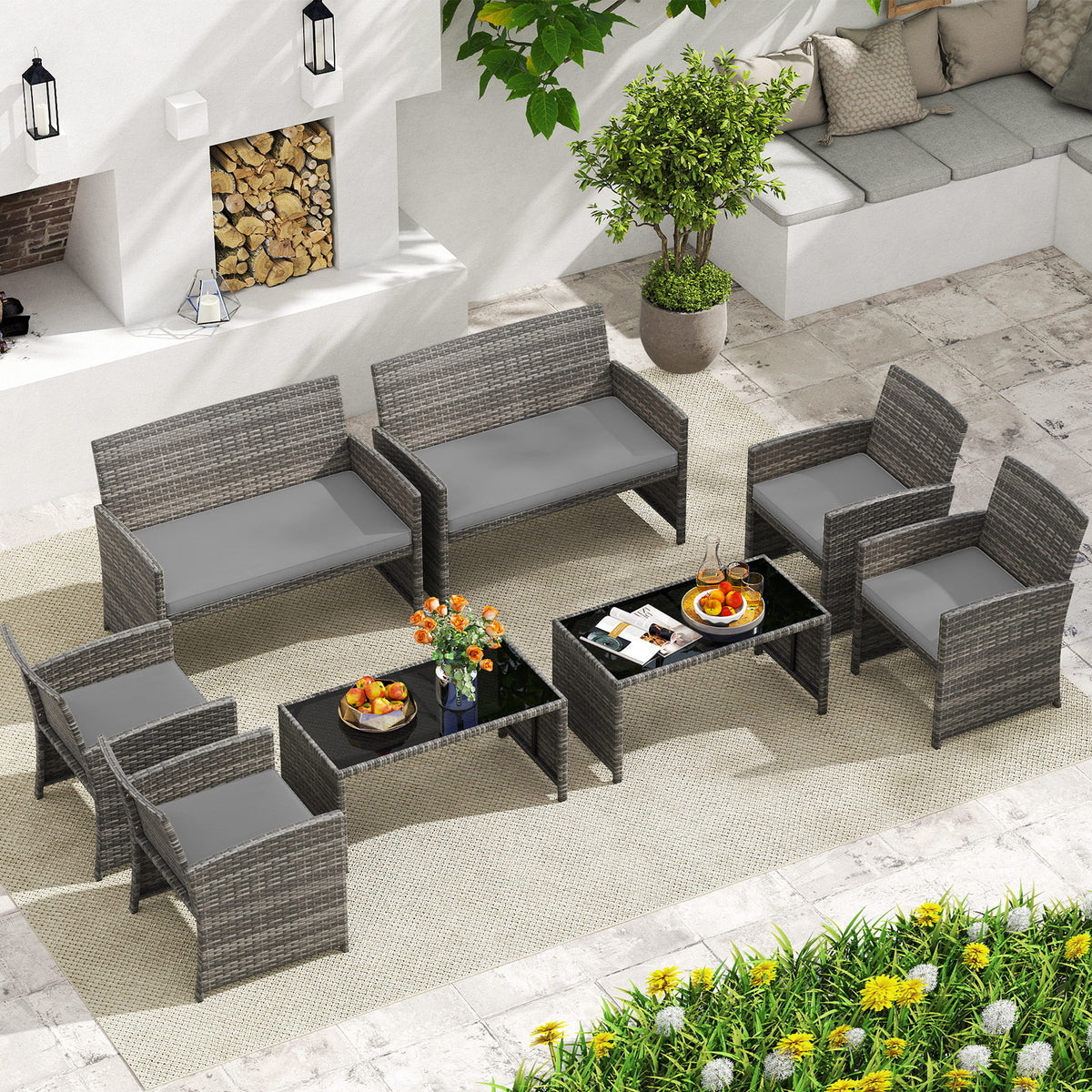 4 Piece Patio Conversation Set Rattan Chair Loveseat and Table Set with Seat Cushions-Grey