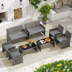4 Piece Patio Conversation Set Rattan Chair Loveseat and Table Set with Seat Cushions-Grey