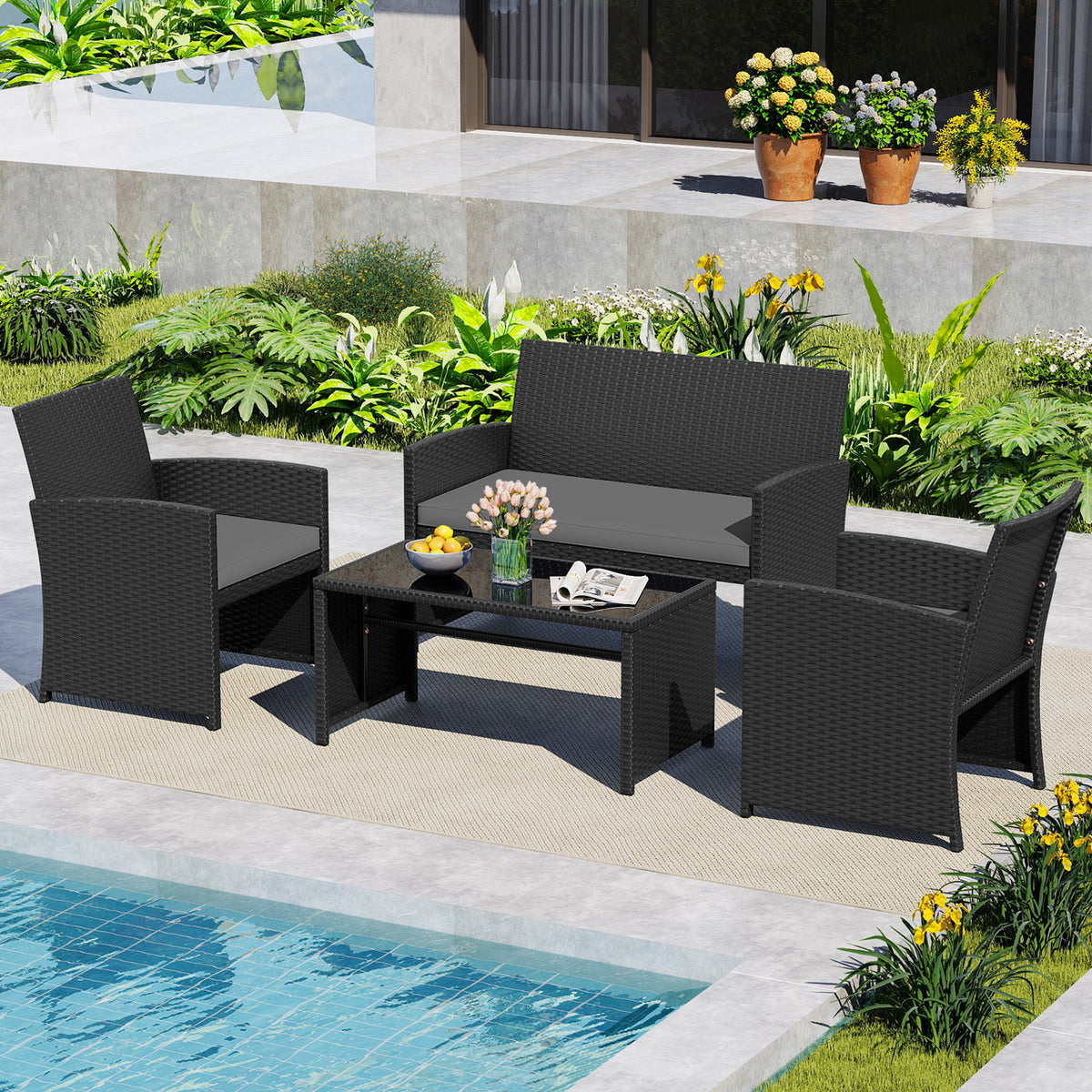 4 Piece Patio Rattan Conversation Set Wicker Loveseat Armchairs-Grey