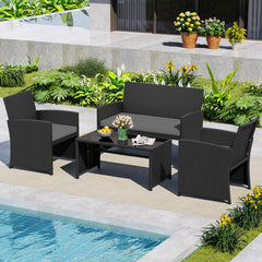 4 Piece Patio Rattan Conversation Set Wicker Loveseat Armchairs-Grey