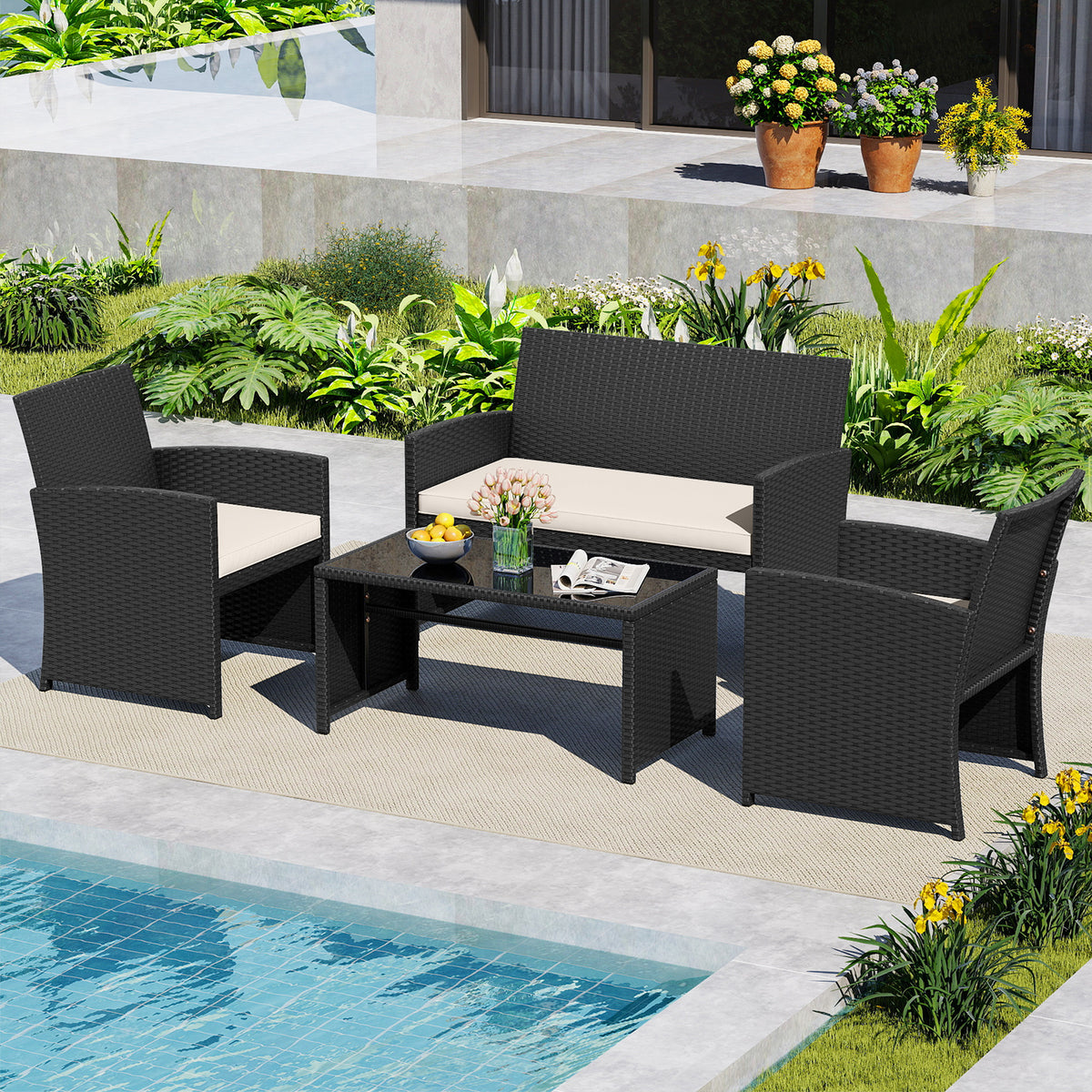 4 Piece Patio Rattan Conversation Set Wicker Loveseat Armchairs-White