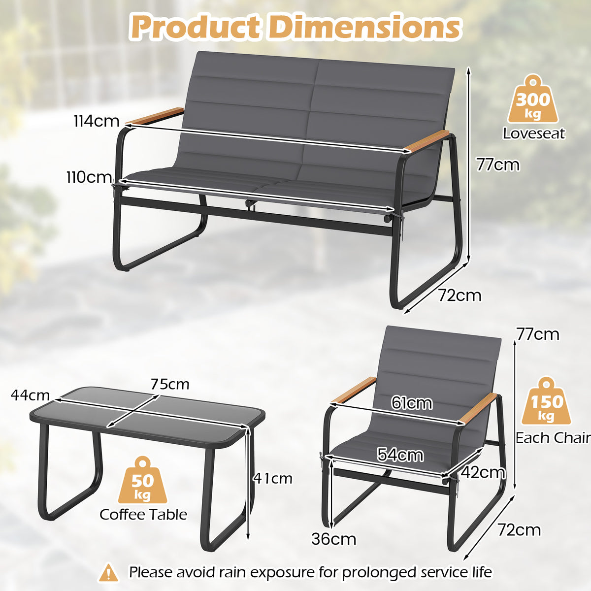 4 Pieces Outdoor Furniture Set with Cushions and Tempered Glass Table-Grey
