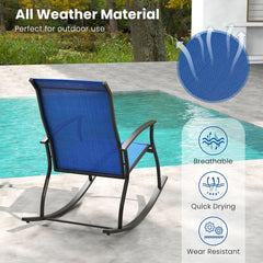 One navy blue outdoor rocking chair next to a swimming pool, showing its breathable mesh backrest