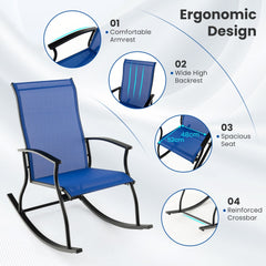 Close up of a navy blue patio rocking chair, highlighting its armrest, backrest, seat, and reinforced crossbar