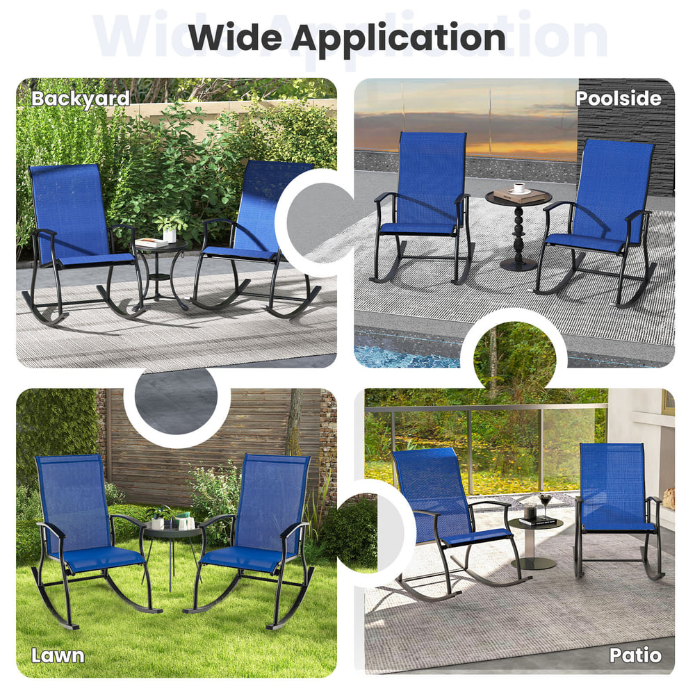 Four navy blue patio rocking chairs shown in different outdoor settings: backyard, poolside, lawn, and patio