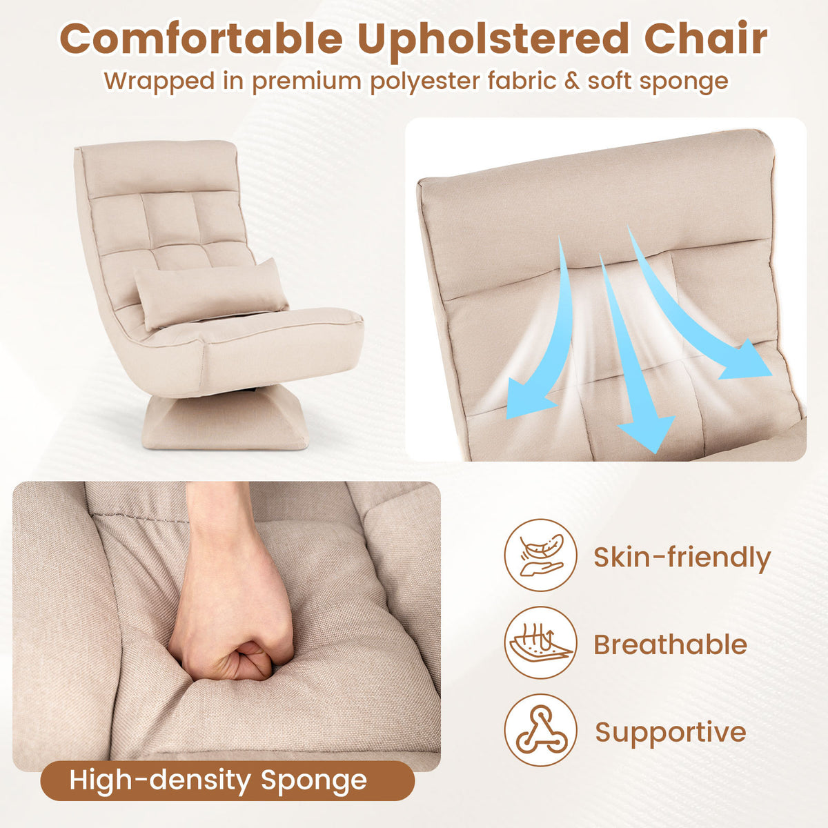 4-Position Adjustable Floor Chair with Swivel Base-Beige