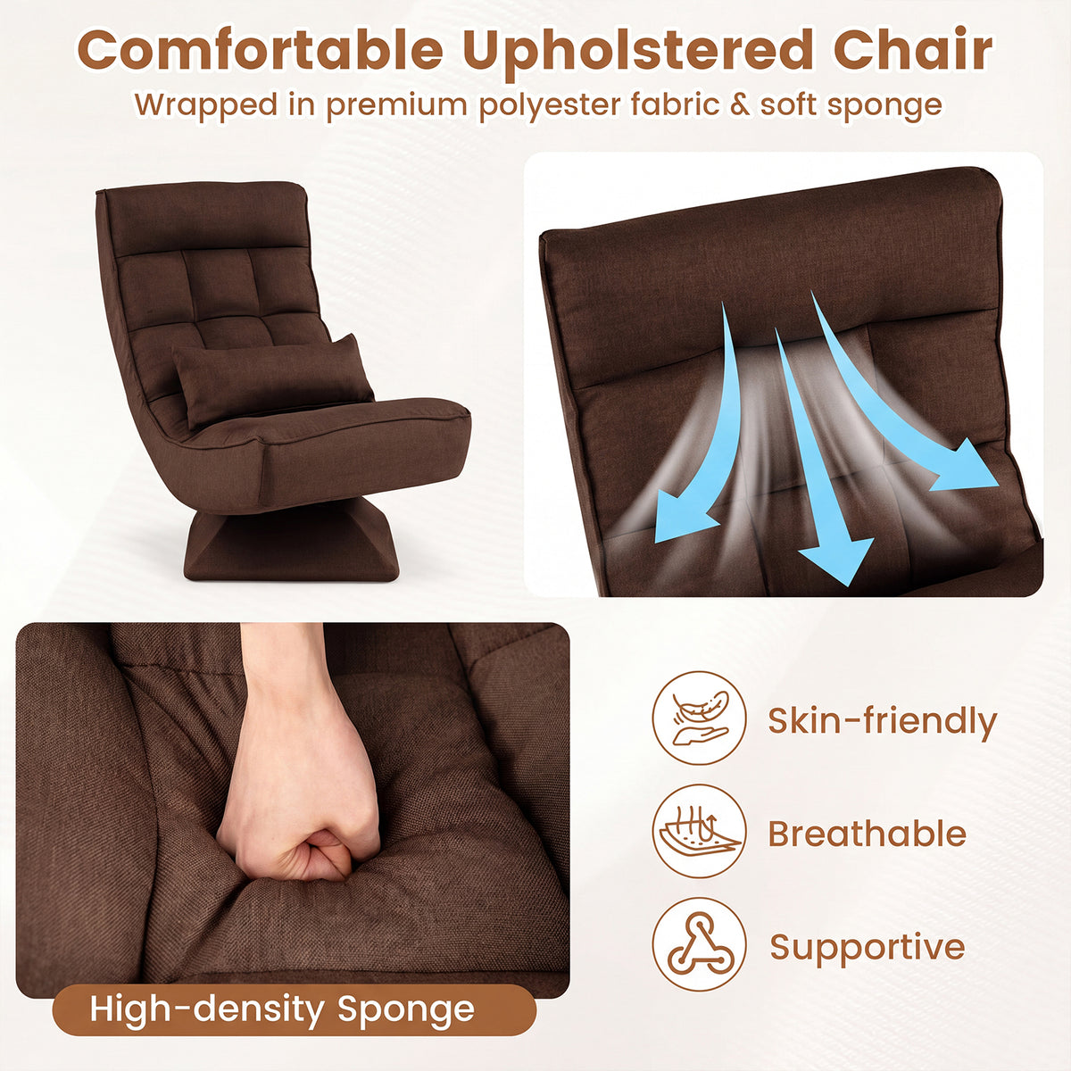 4-Position Adjustable Floor Chair with Swivel Base-Brown