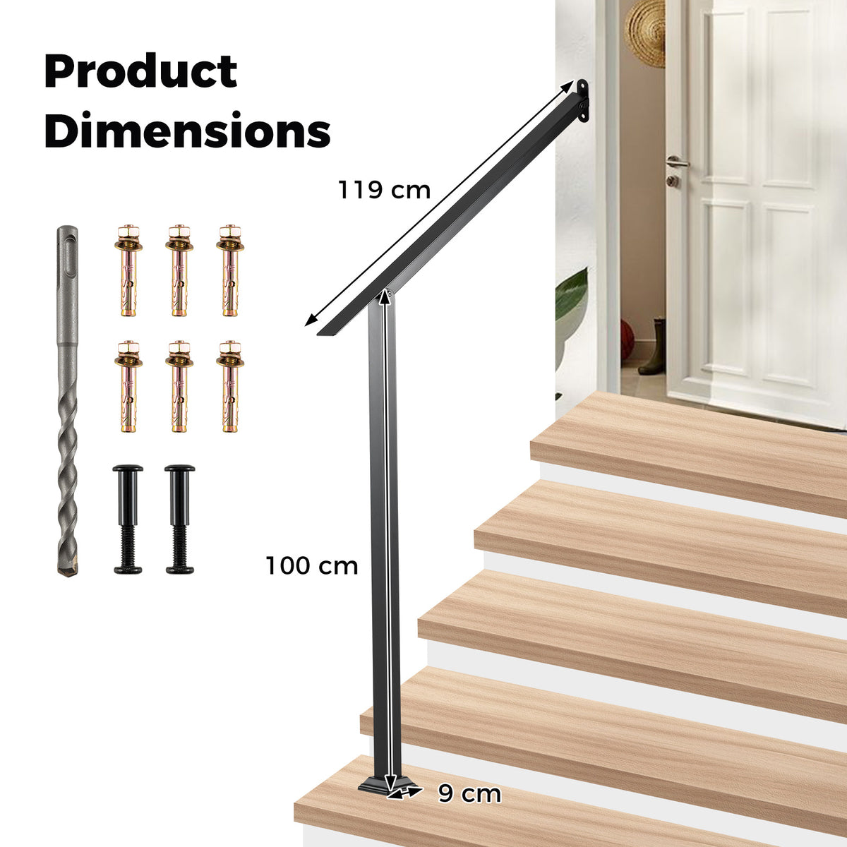 4 Step Wall Mount Stair Handrail Heavy-Duty Adjustable Galvanized Steel Railing with Installation Kit for Concrete