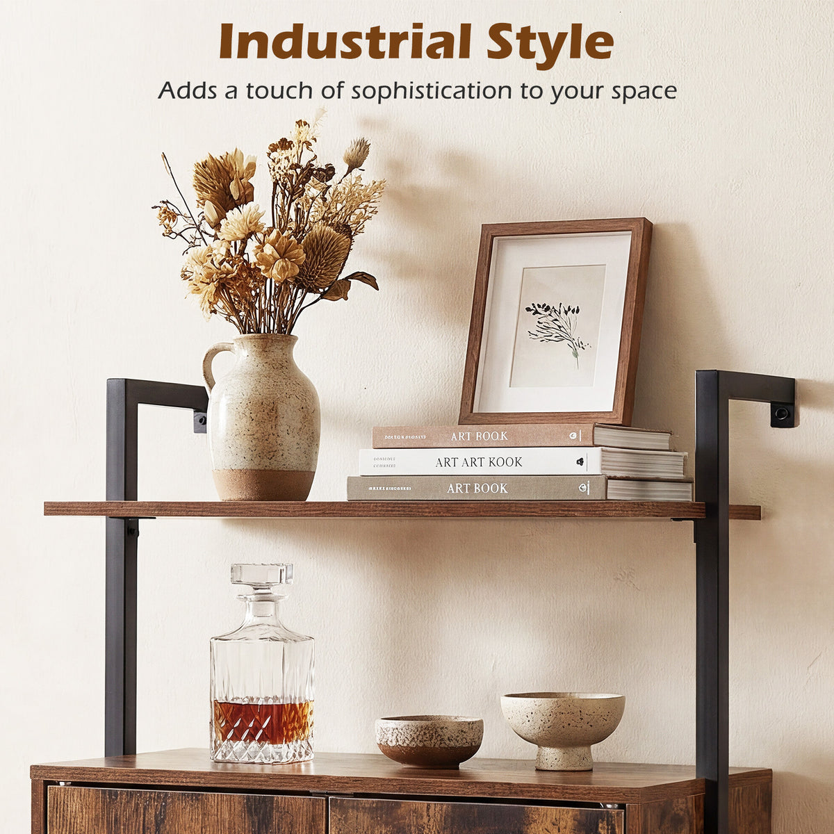 4-Tier Bookshelf with Double-Door Cabinet and Heavy-Duty Metal Frame-Rustic Brown