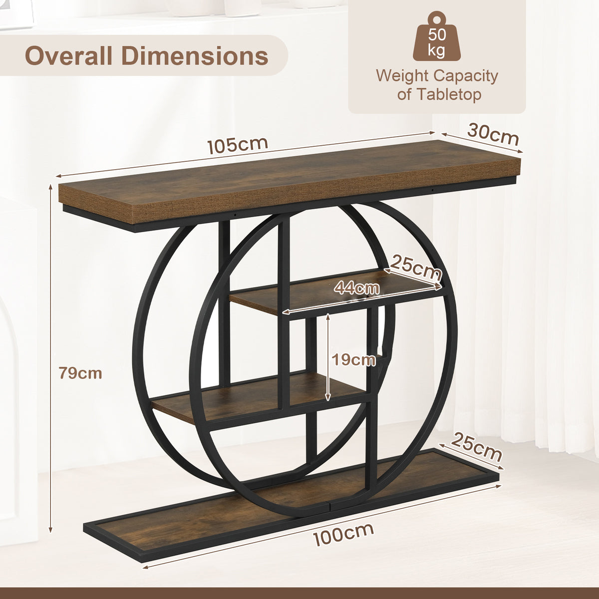 4-Tier Console Table 105CM Entryway Table with Storage Shelves-Rustic Brown