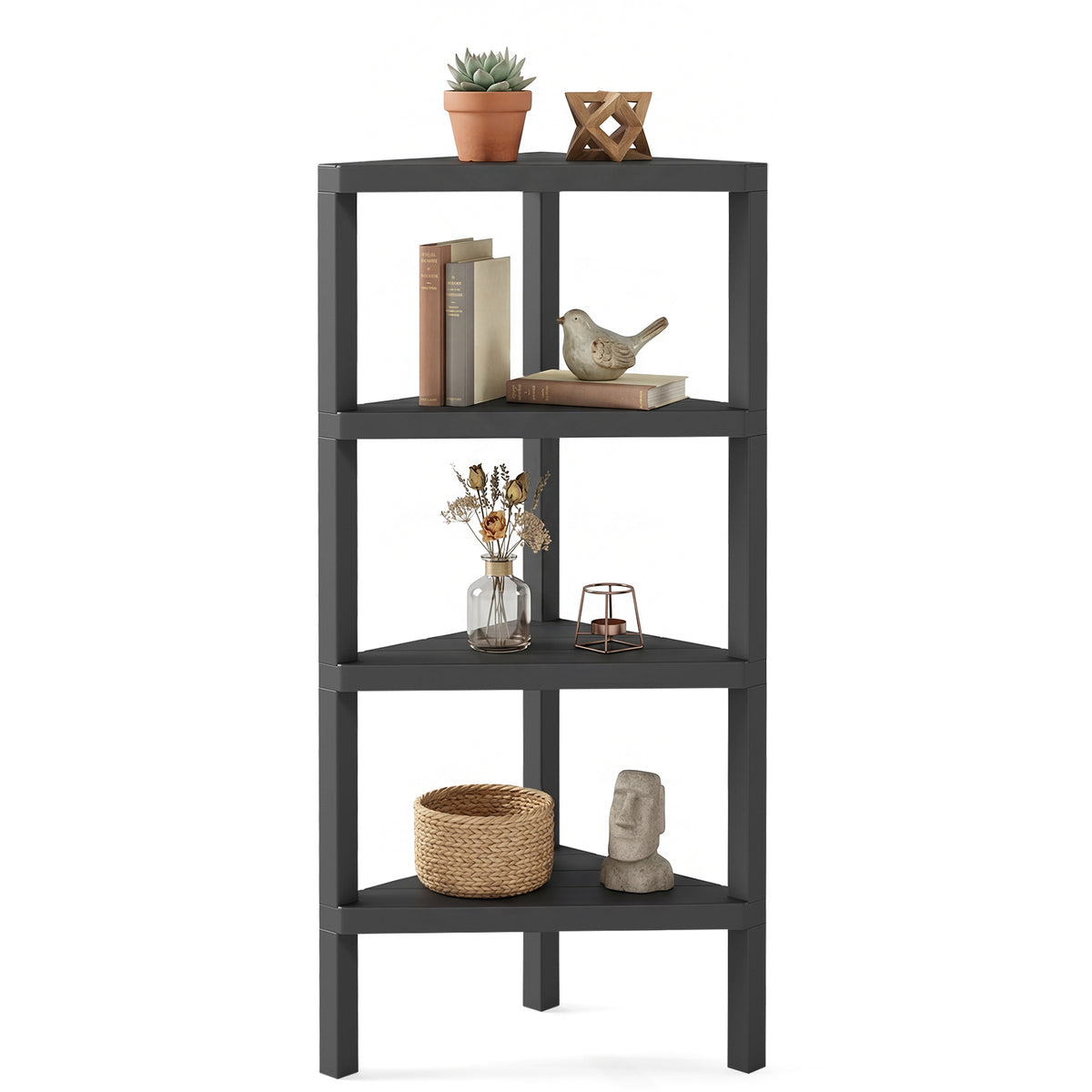 4-Tier Corner Shelf Stand with Open Slatted Shelves-Black
