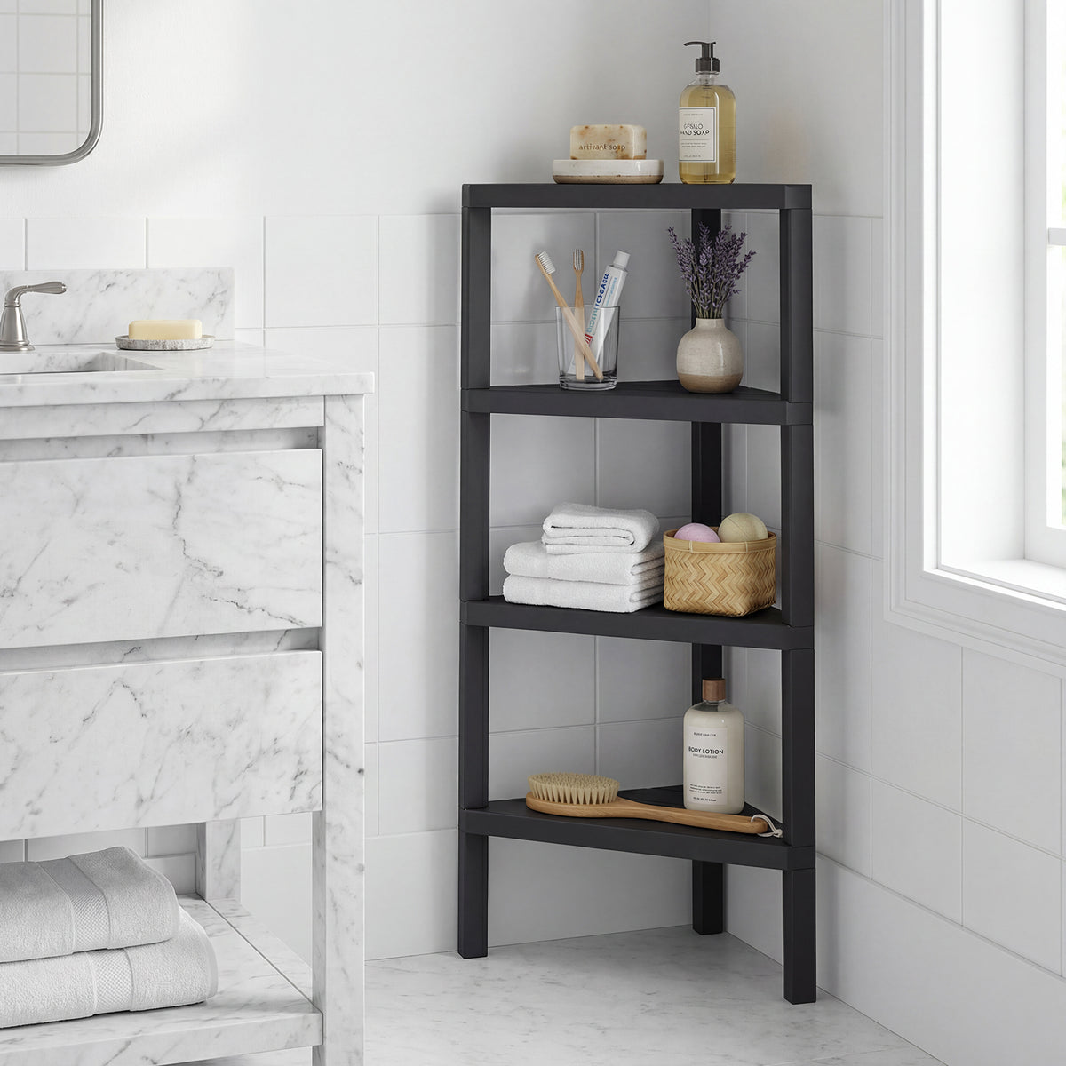 4-Tier Corner Shelf Stand with Open Slatted Shelves-Black