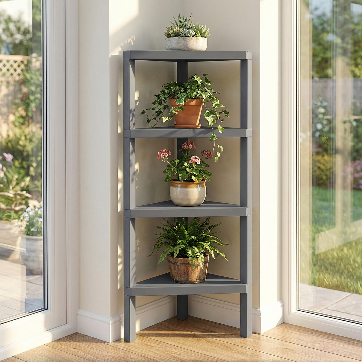 4-Tier Corner Shelf Stand with Open Slatted Shelves-Grey