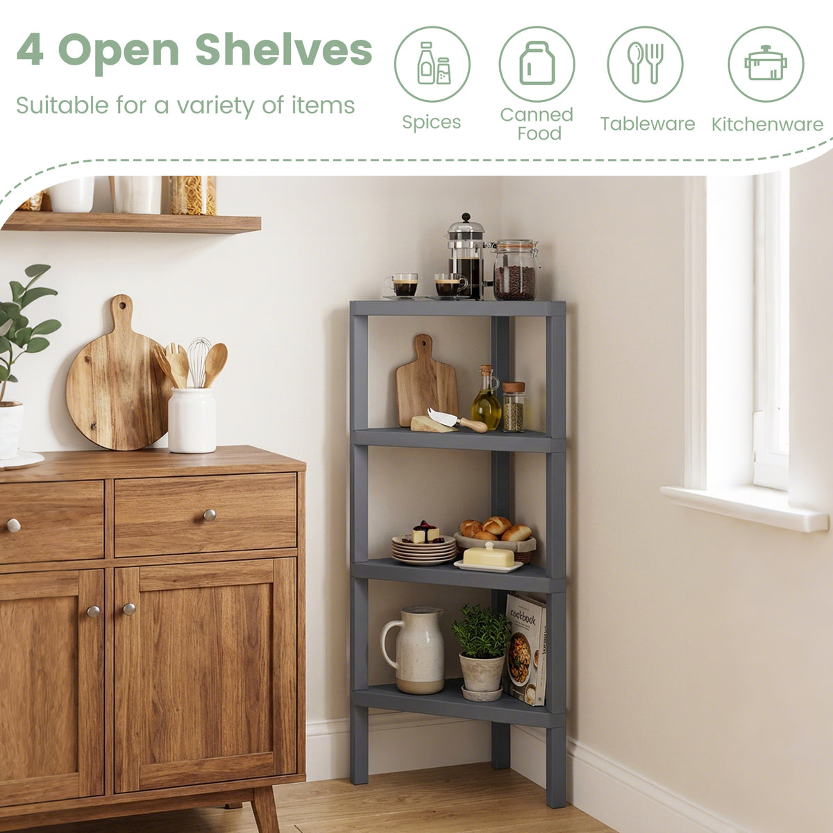 4-Tier Corner Shelf Stand with Open Slatted Shelves-Grey