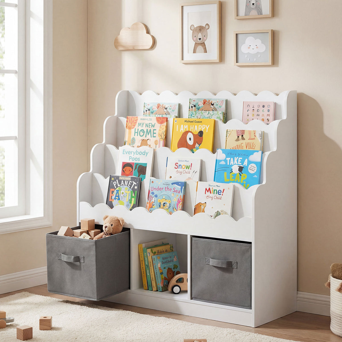 4-Tier Kids Bookshelf and Toy Storage with 2 Foldable Fabric Drawers-White