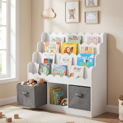 4-Tier Kids Bookshelf and Toy Storage with 2 Foldable Fabric Drawers-White