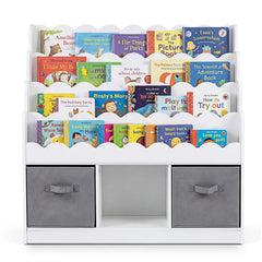 4-Tier Kids Bookshelf and Toy Storage with 2 Foldable Fabric Drawers-White
