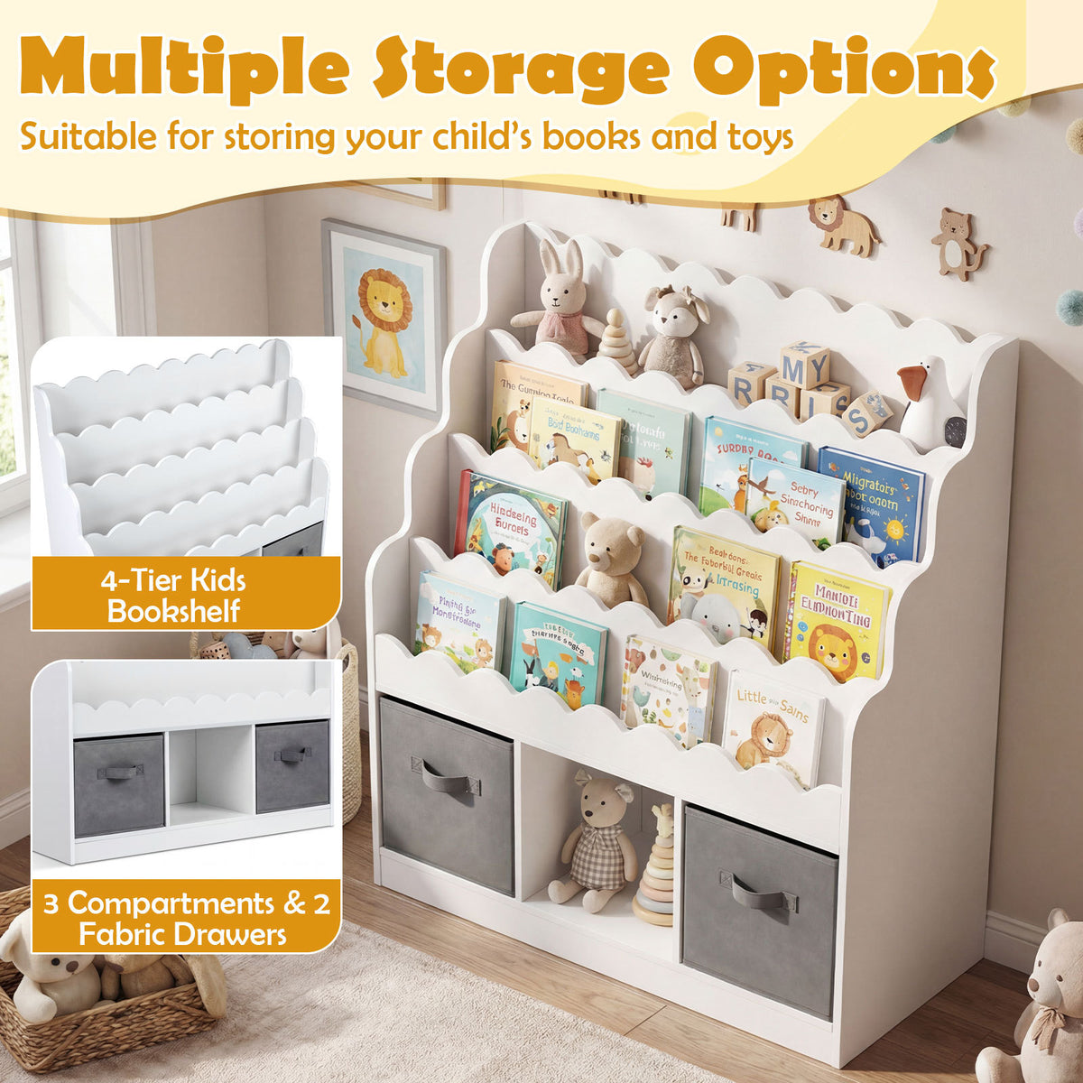 4-Tier Kids Bookshelf and Toy Storage with 2 Foldable Fabric Drawers-White