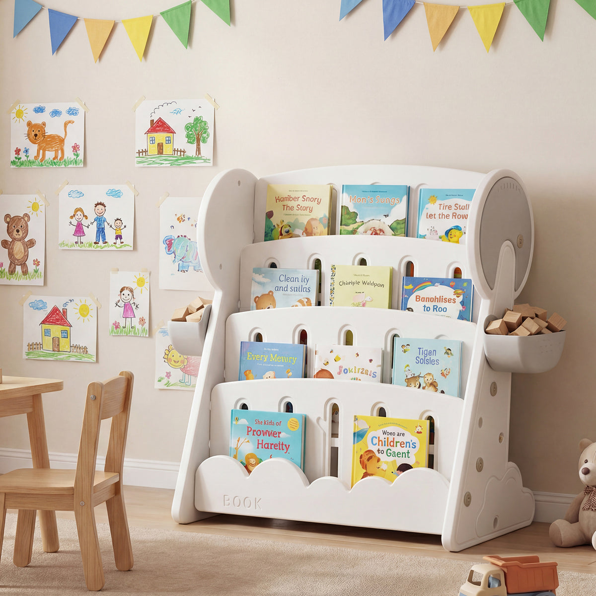 4-Tier Kids Bookshelf with Side Storage Boxes and Reversible Bottom Shelf-Gray & White