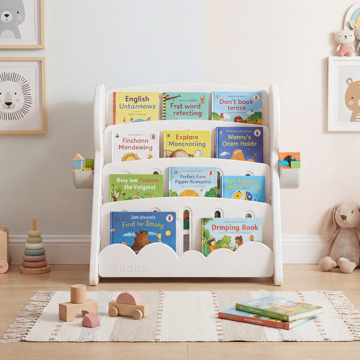 4-Tier Kids Bookshelf with Side Storage Boxes and Reversible Bottom Shelf-Gray & White