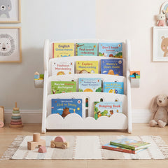 4-Tier Kids Bookshelf with Side Storage Boxes and Reversible Bottom Shelf-Gray & White