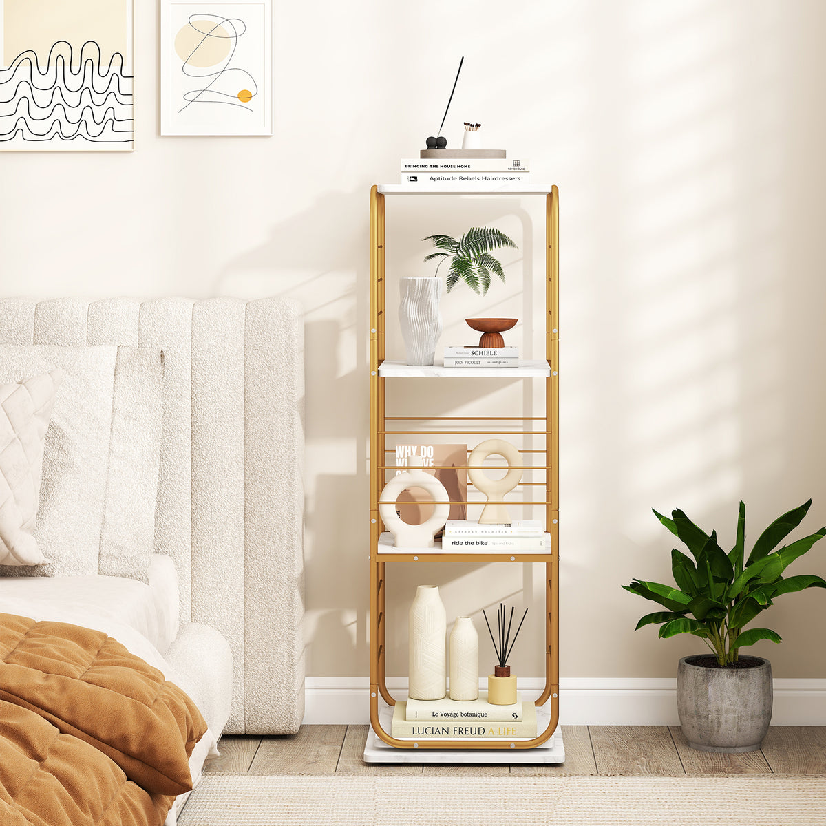 4-Tier Rotating Bookshelf 360° Spinning Bookcase Tower-Golden