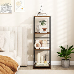 The four-tier rotating bookcase is styled in a bedroom with decorative items on the shelves