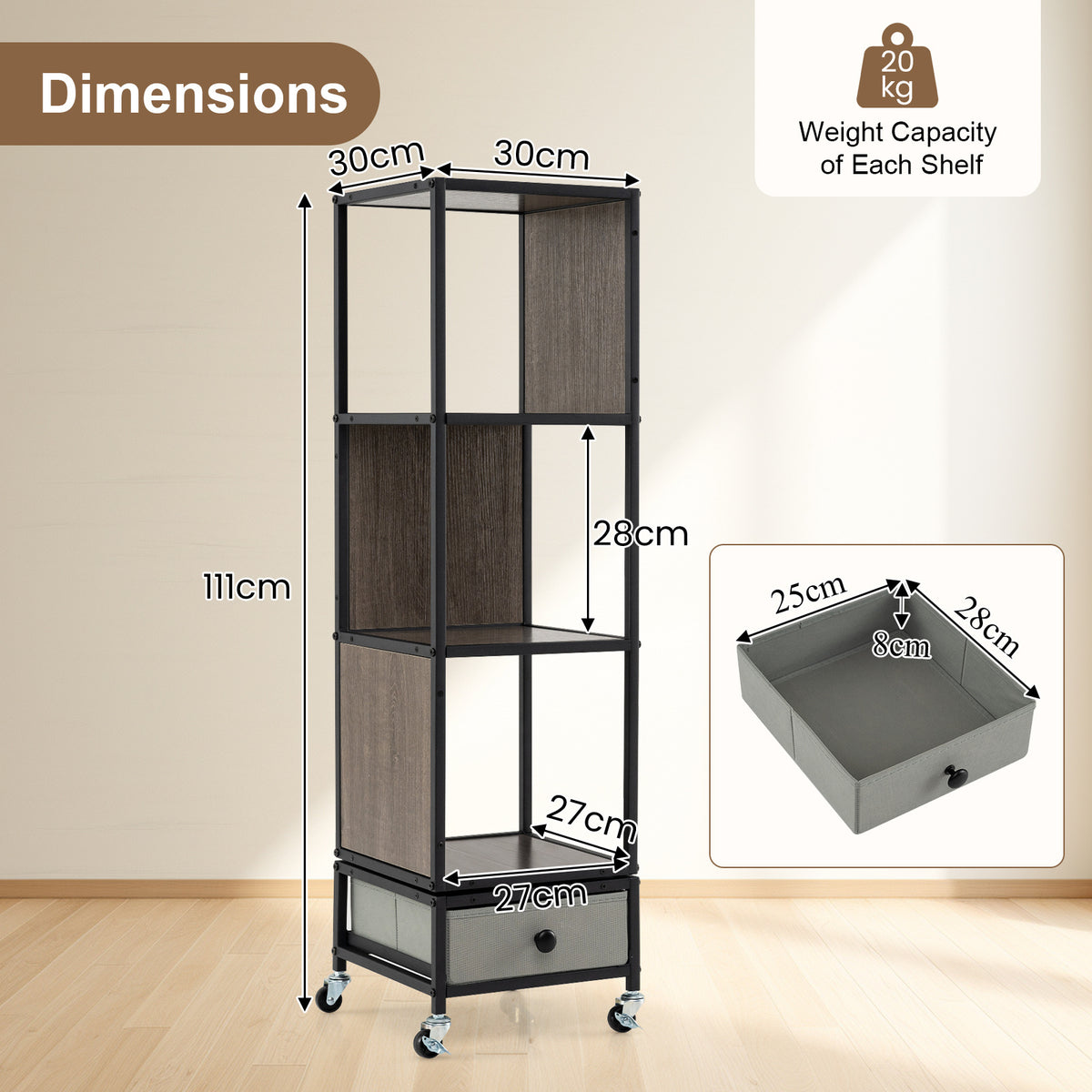 4-Tier Rotating Bookshelf on Wheels for Living Room Office-Grey