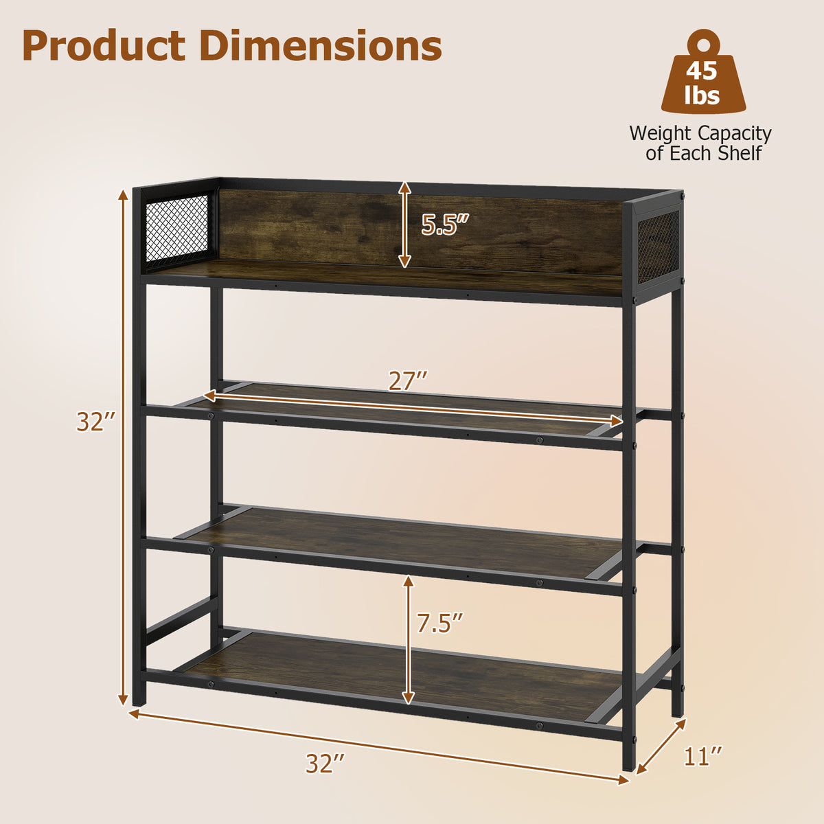 4-Tier Shoe Rack Industrial Shoe Organizer with Heavy Duty Metal Frame-Brown