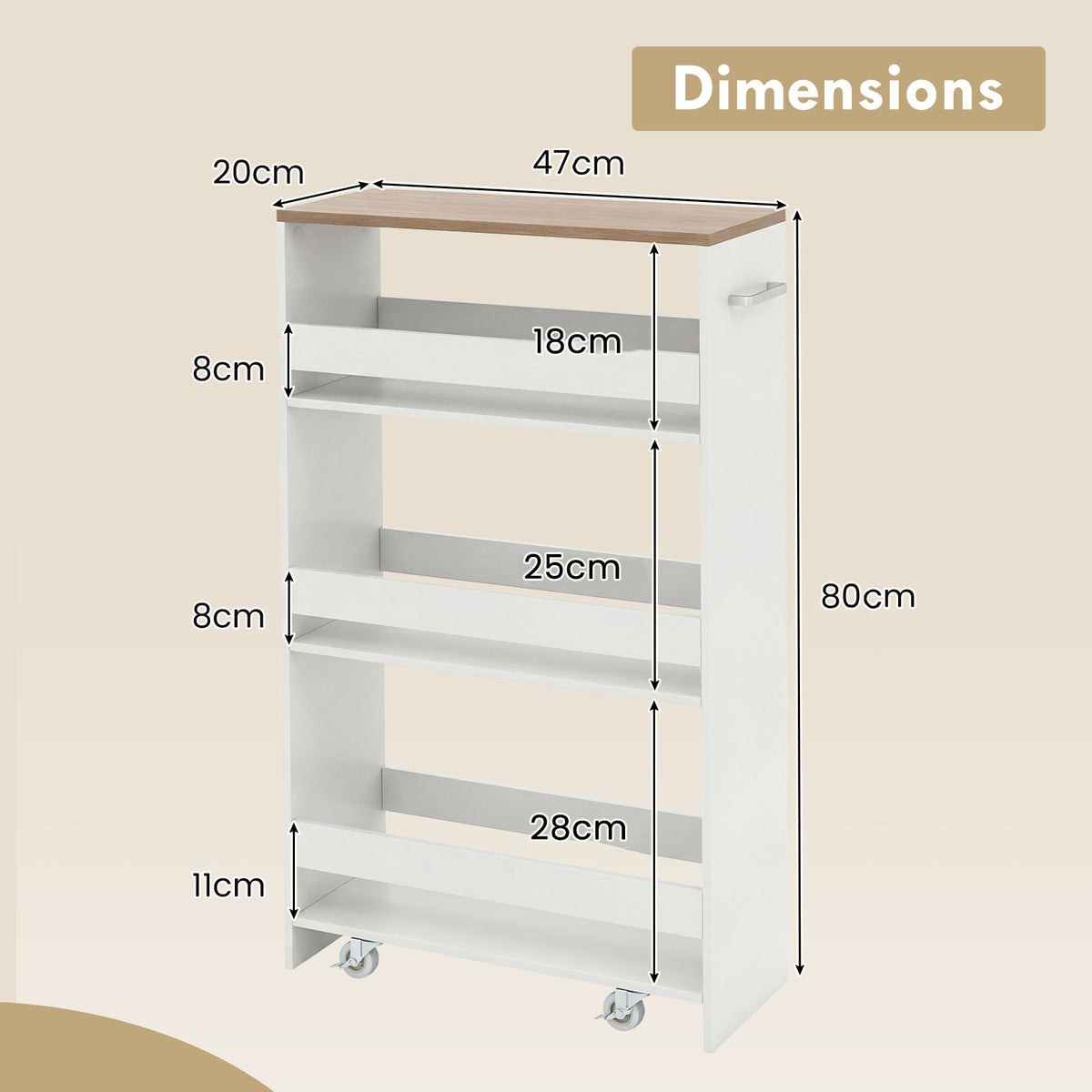 4-Tier Slim Storage Cart with Open Shelves for Kitchen-White and Natural