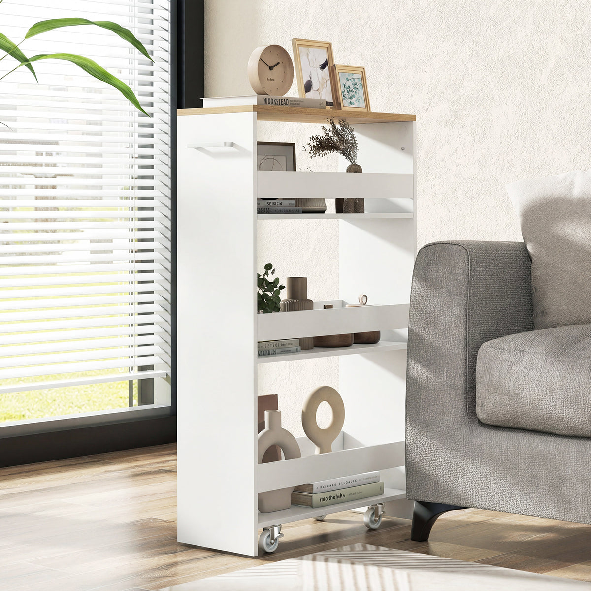 4-Tier Slim Storage Cart with Open Shelves for Kitchen-White and Natural
