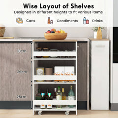 4-Tier Slim Storage Cart with Open Shelves for Kitchen-White and Natural