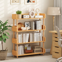 4-Tier Wooden Bookshelf with Sturdy Pine Wood Posts and Elevated Guardrails for Living Room-Natrual