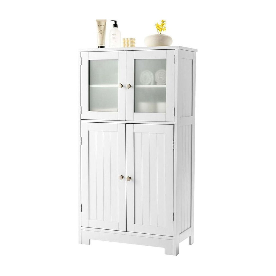 4-Door Bathroom Floor Cabinet with Tempered Glass Doors
