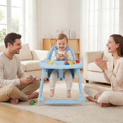 Family interacting with a baby in the blue convertible high chair at a table